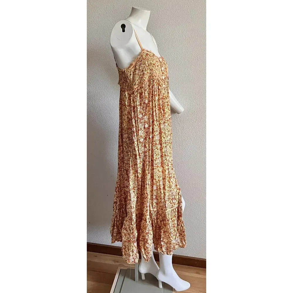 Free People Molly Jo Floral Maxi Dress Womens XL Smocked Open Back Boho